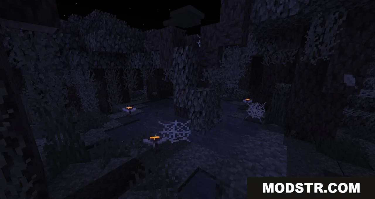 Whispering Thicket Details Mod Screenshot 1 Small glowing structures and cobwebs scattered throughout the dark Pale Garden biome