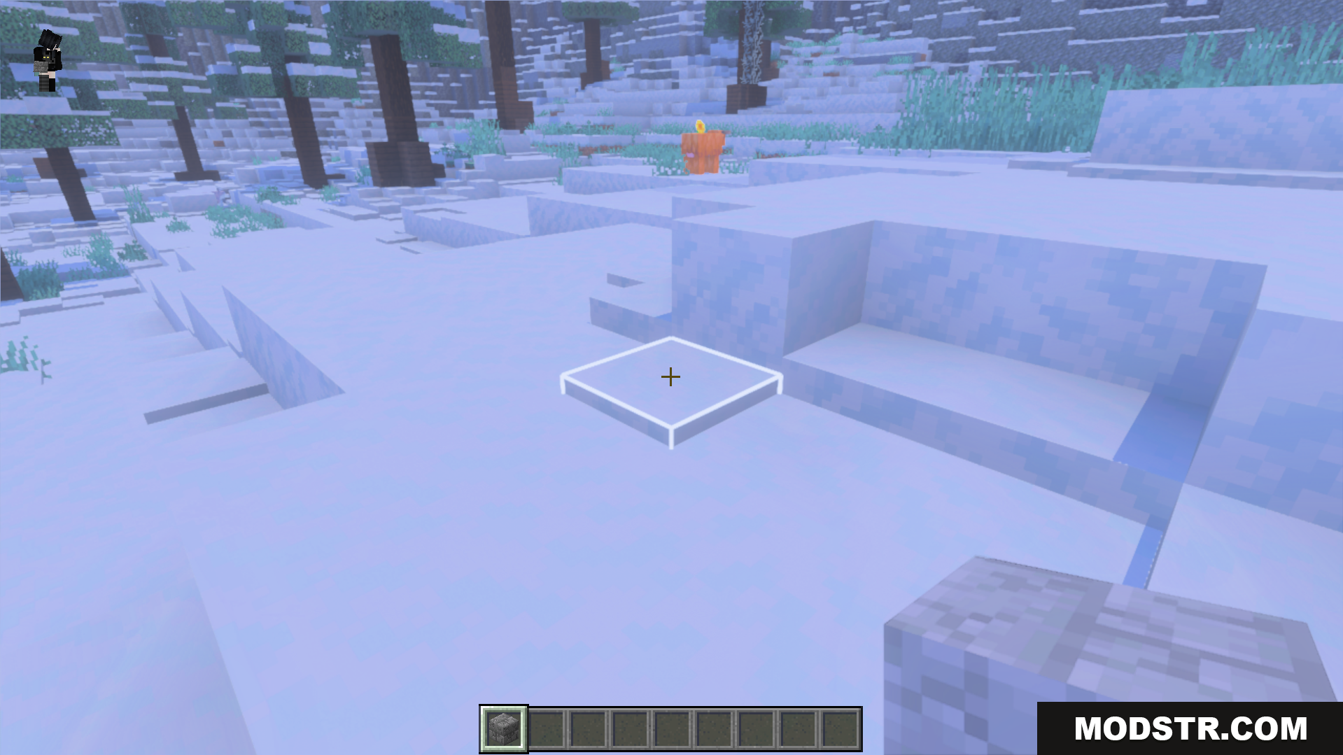 White Outline Selection Plus Texture Pack Screenshot 3 A bright white selection box is clearly visible on snowy ground