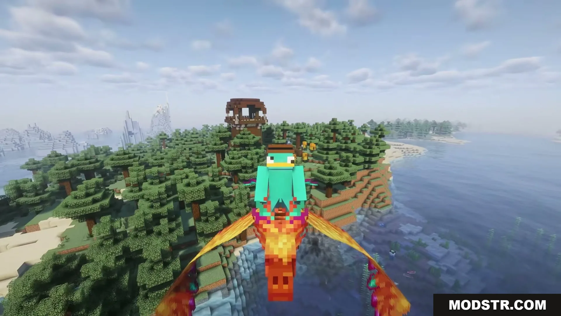 Wings of Fire by RipleysMods Mod Screenshot 2 Front view of a player riding a phoenix over a lush forest biome