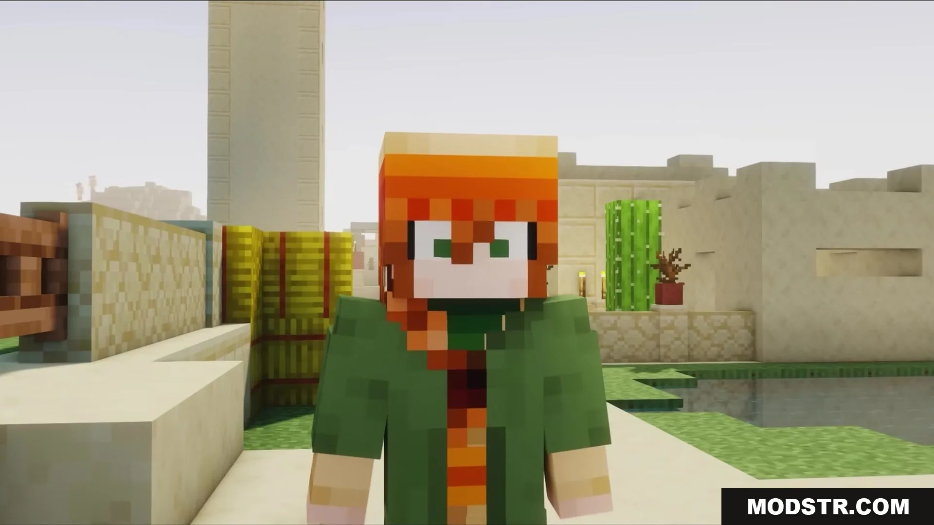 Wither Boss Summoning Animation Resource Pack Screenshot 7 A Minecraft character with orange hair stands in a sunny desert village