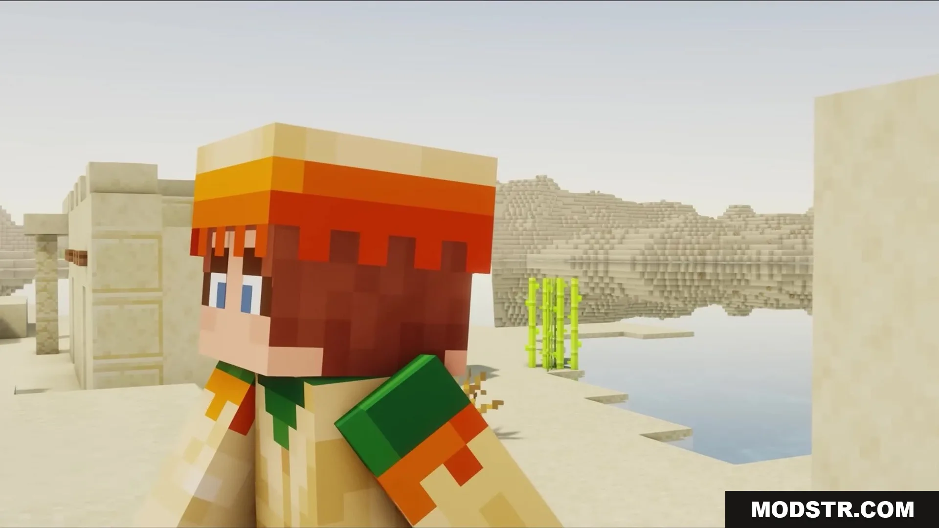 Wither Boss Summoning Animation Resource Pack Screenshot 5 A Minecraft character in desert clothing stands near a village and water