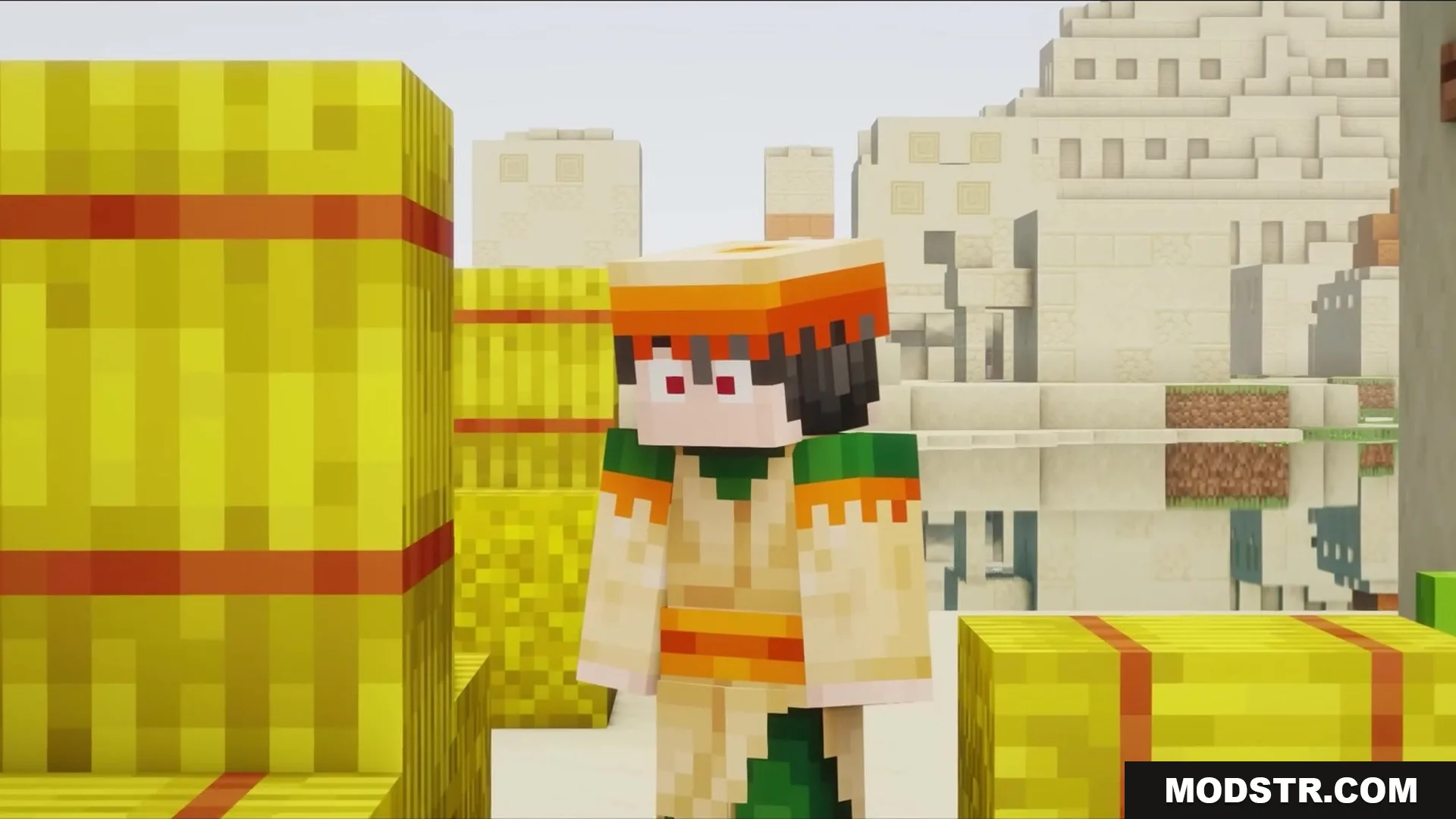 Wither Boss Summoning Animation Resource Pack Screenshot 2 A Minecraft player character wearing colorful robes stands next to yellow hay bales