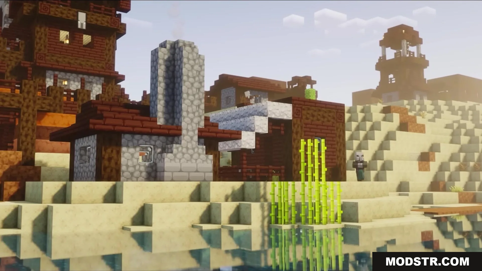 Wither Boss Summoning Animation Resource Pack Screenshot 1 A small stone house with a tall chimney sits near a river bank