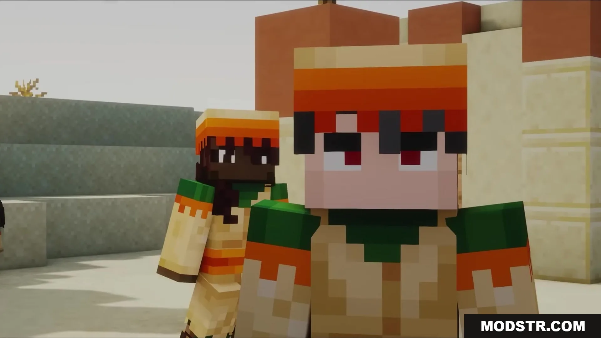 Wither Boss Summoning Animation Resource Pack Screenshot 3 Two Minecraft characters with orange headbands standing in a desert landscape