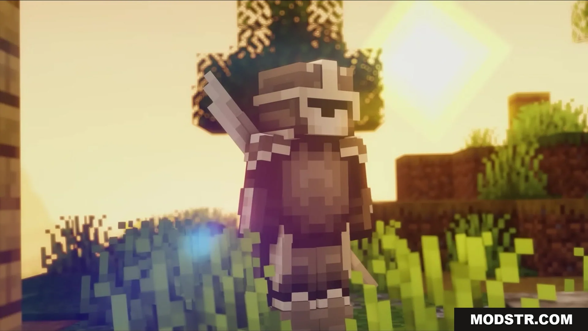 Wither Boss Summoning Animation Resource Pack Screenshot 13 A knight in dark armor stands in a grassy field during a warm sunset