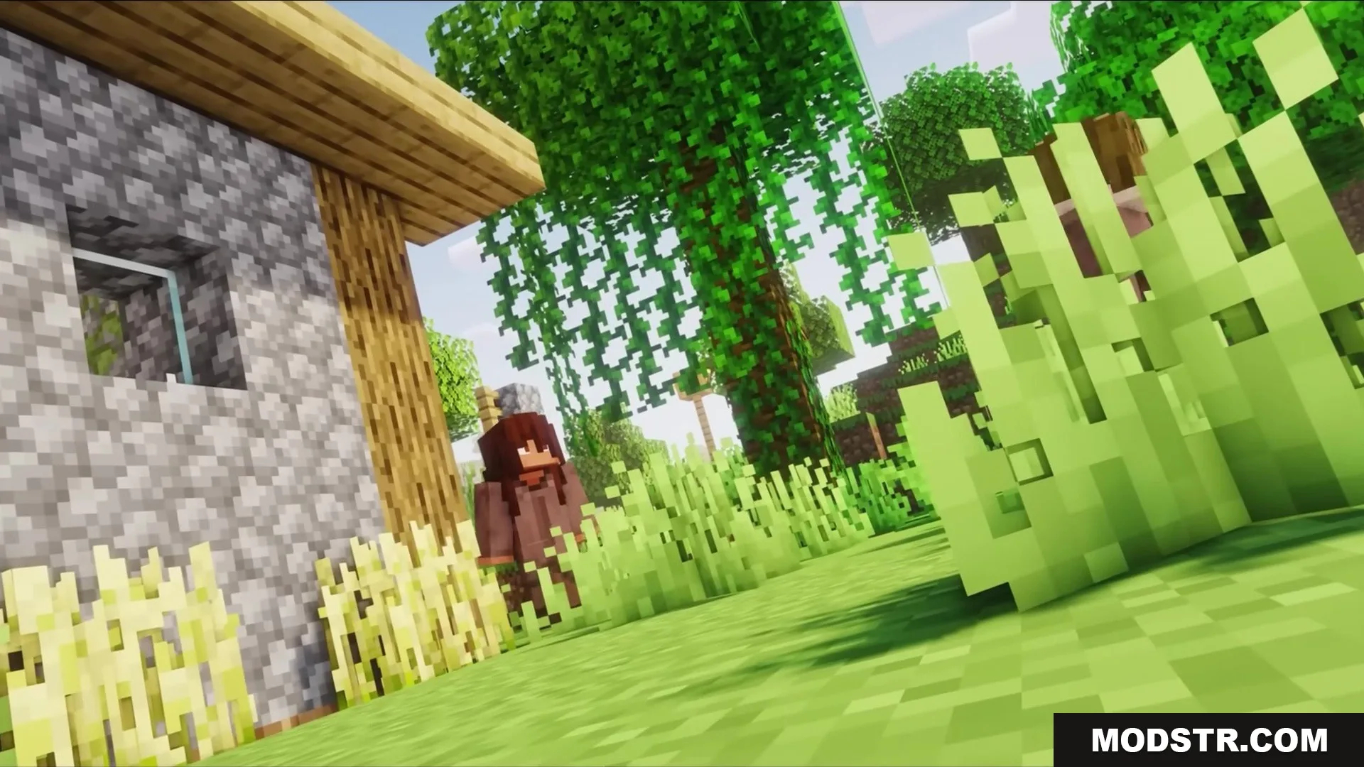 Wither Boss Summoning Animation Resource Pack Screenshot 10 A player in brown robes standing near a cobblestone house and tall grass