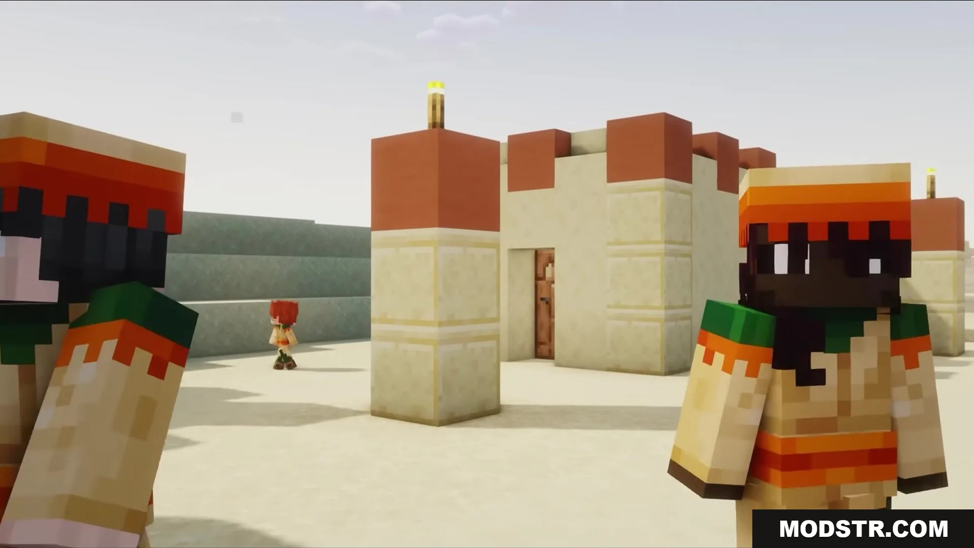 Wither Boss Summoning Animation Resource Pack Screenshot 4 Minecraft characters exploring a desert village with small sandstone buildings