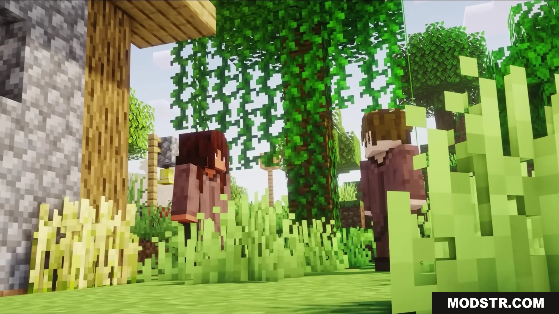 Wither Boss Summoning Animation Resource Pack Screenshot 11 Two Minecraft characters standing in a lush forest near a stone building