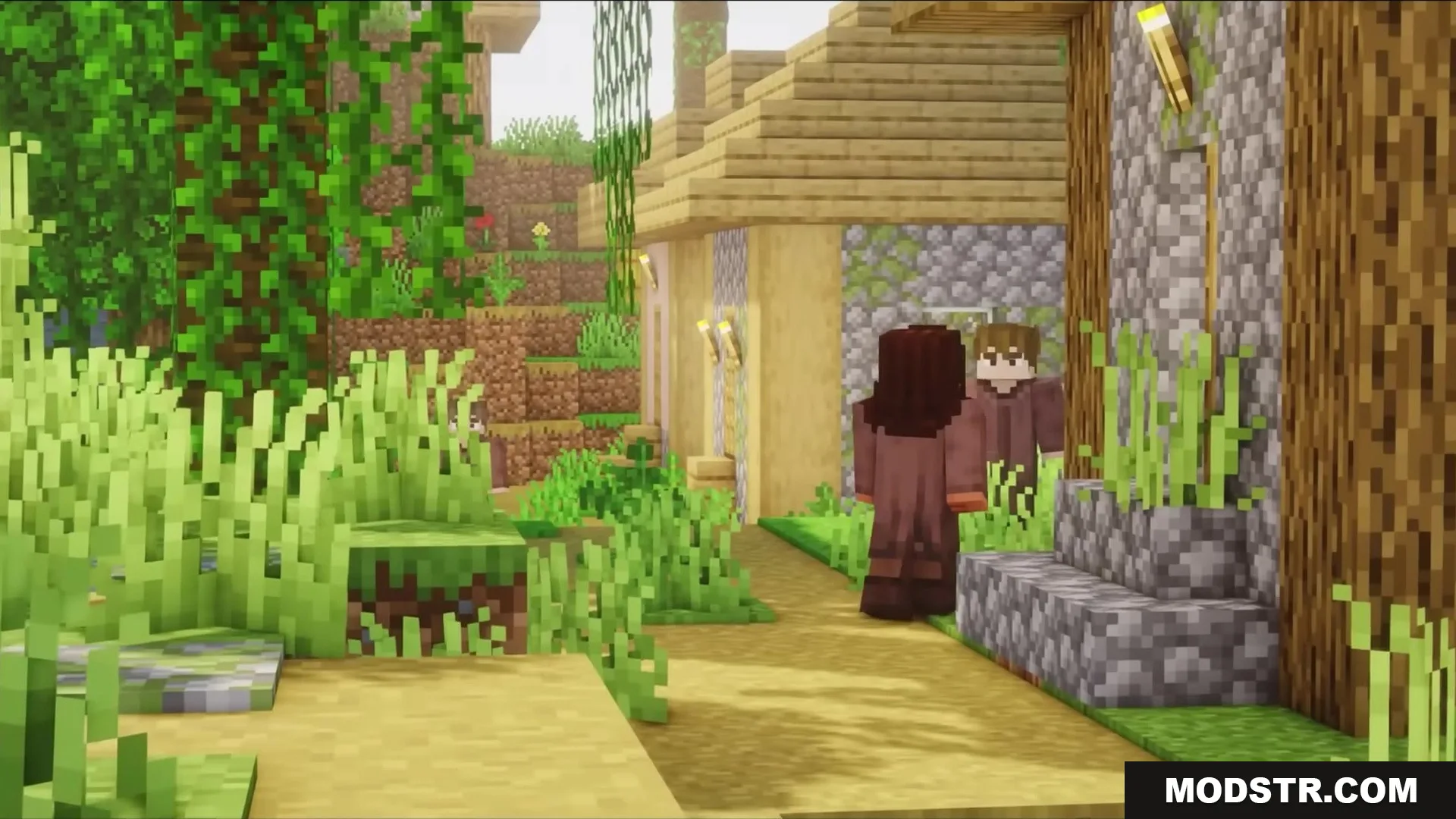 Wither Boss Summoning Animation Resource Pack Screenshot 9 Two players in brown robes standing on a dirt path in a village