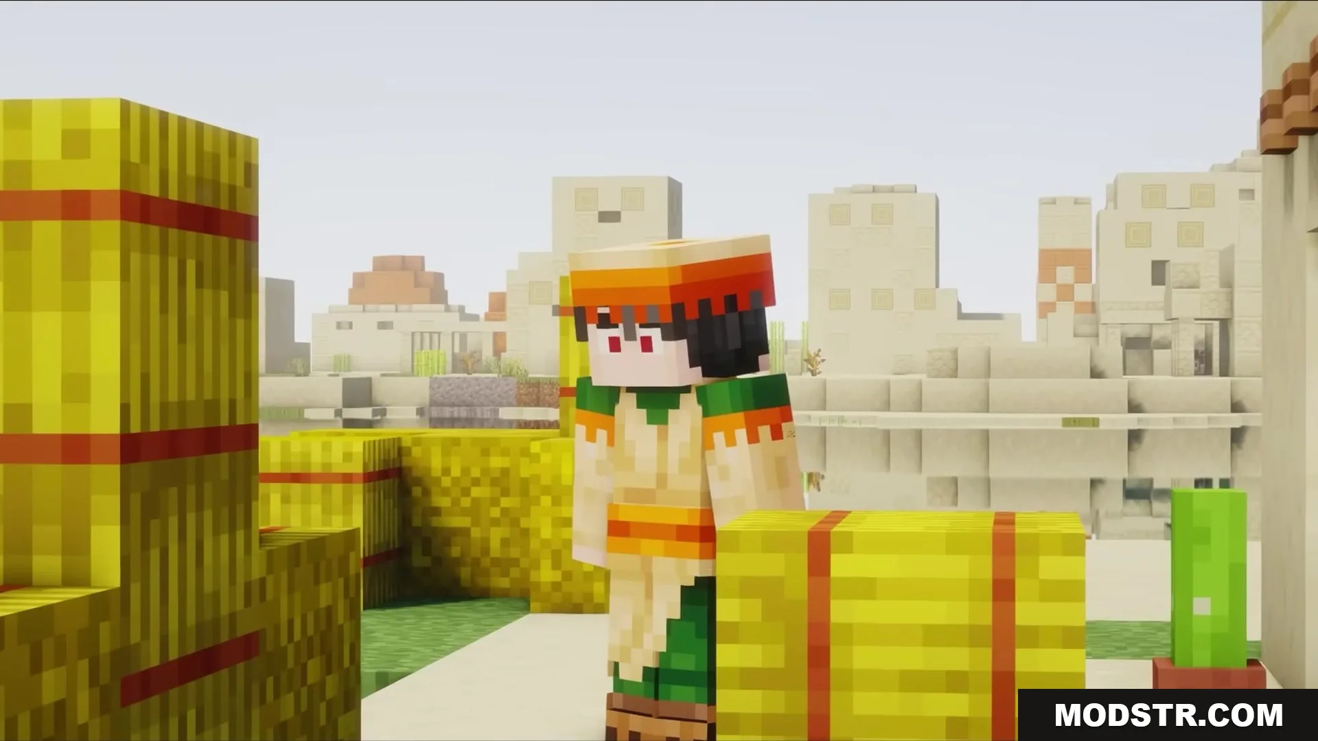 Wither Boss Summoning Animation Resource Pack Screenshot 8 A Minecraft character stands near hay bales in a bright desert village
