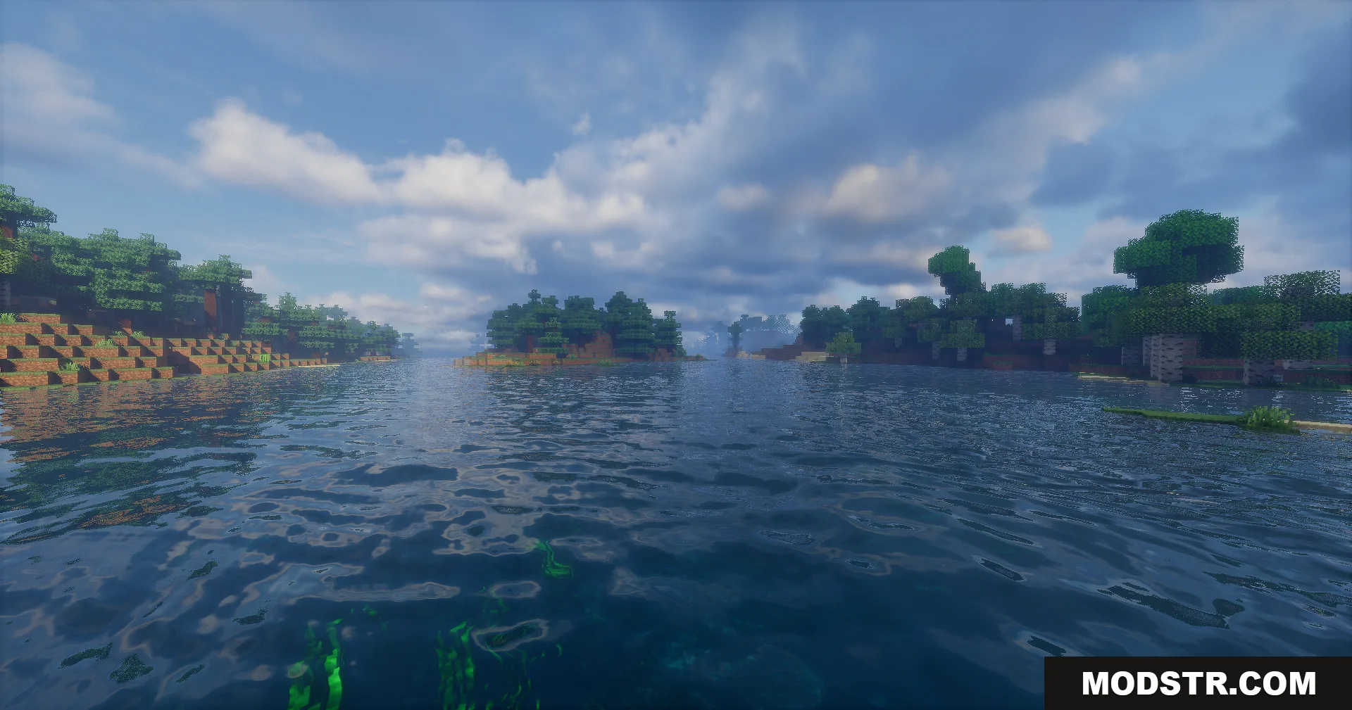 Realistic water reflections and waves under a cloudy sky in Minecraft