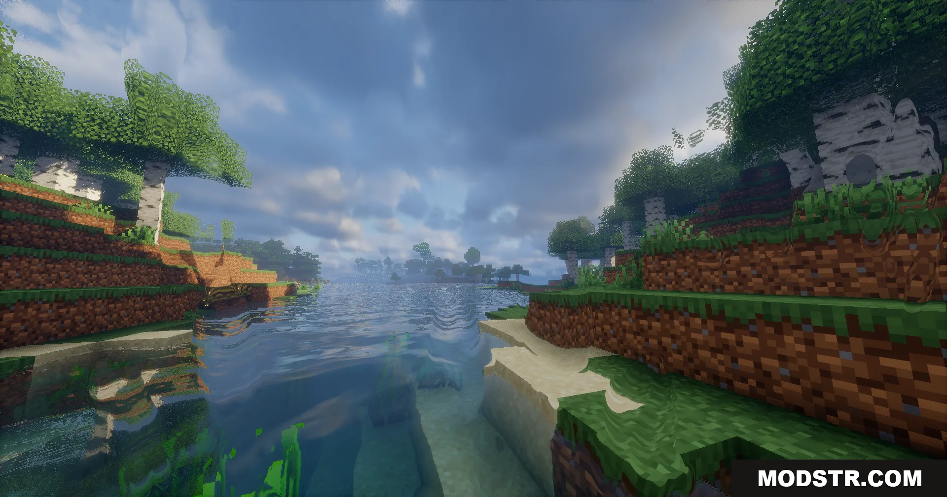 Realistic water reflections and waves in a river flowing through a birch forest