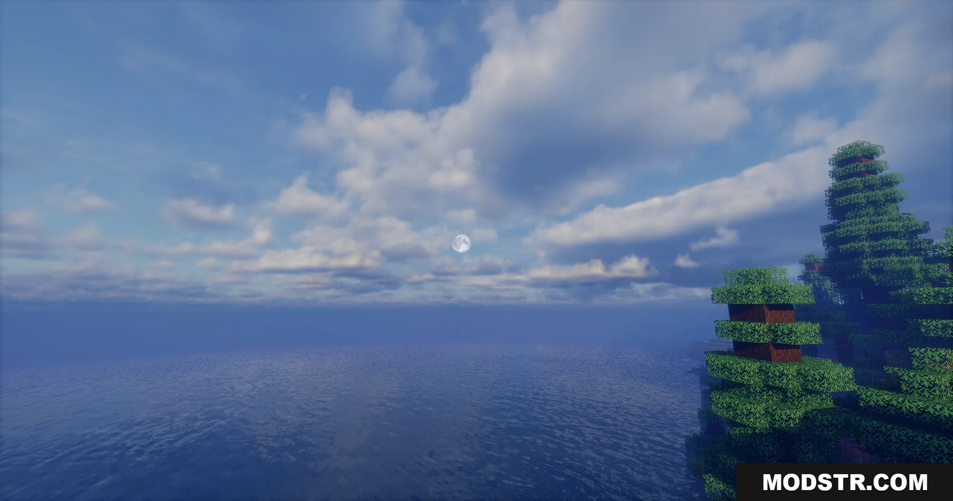 Realistic water reflections and a detailed moon over a vast ocean