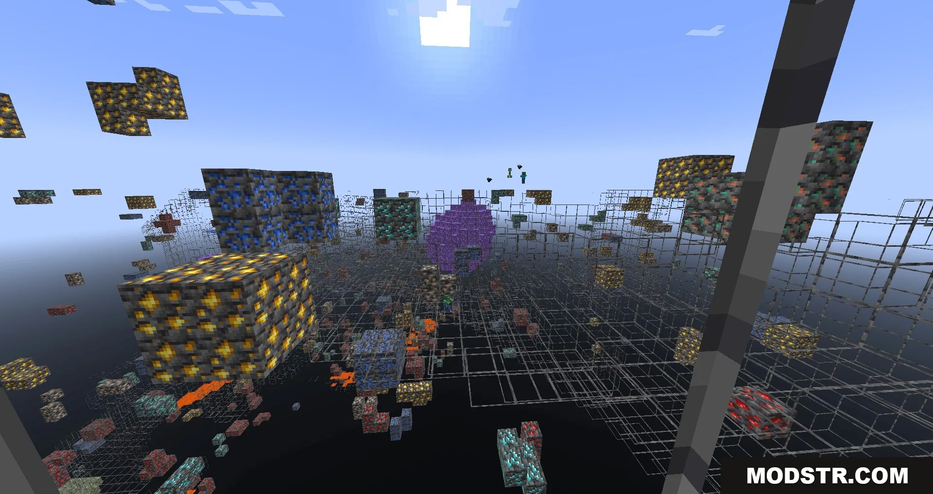 Amethyst geodes and diamond ores visible through transparent terrain blocks