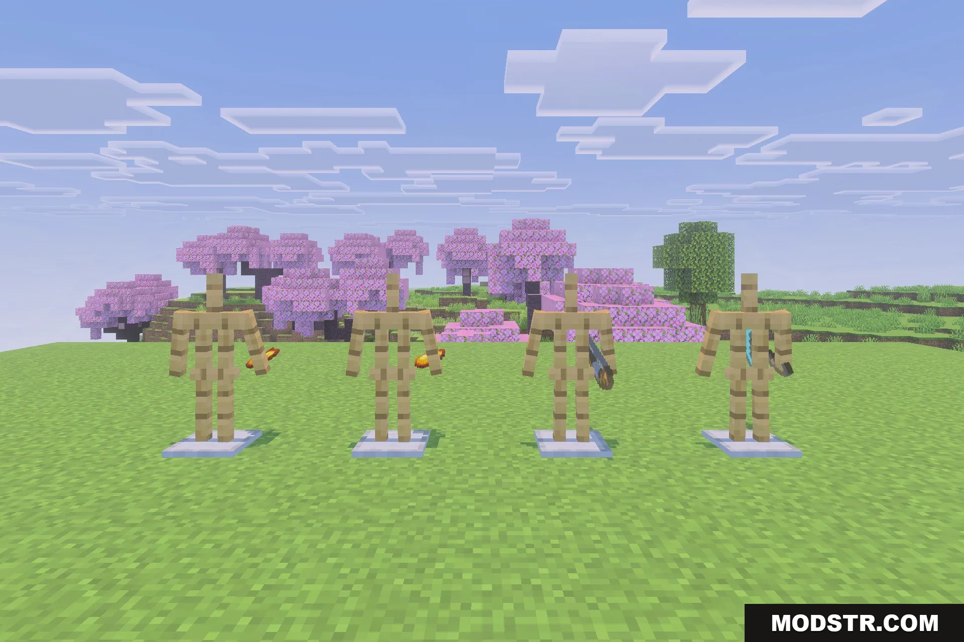 Xnova Remastered Texture Pack Screenshot 5 Armor stands showcasing detailed 3D item models in a cherry blossom biome