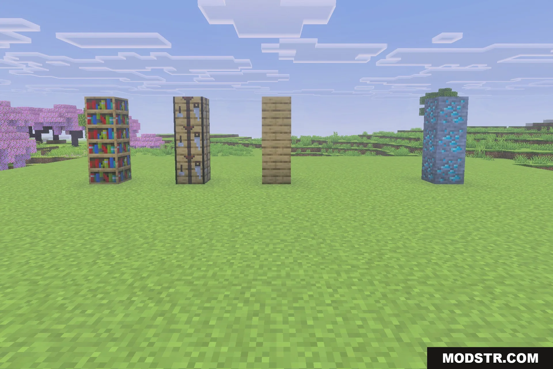 Xnova Remastered Texture Pack Screenshot 4 Four pillars of detailed 3D Minecraft blocks standing on a grassy field