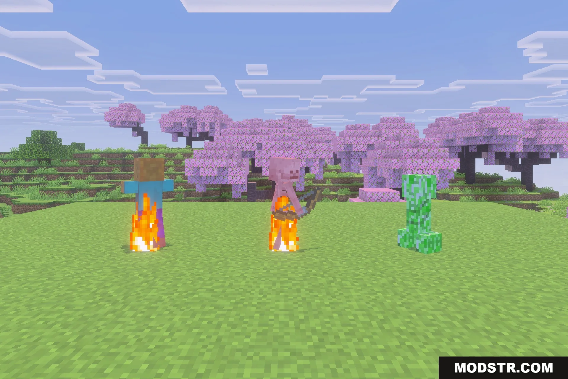 Xnova Remastered Texture Pack Screenshot 2 Burning zombie and skeleton standing next to a creeper in the sunlight
