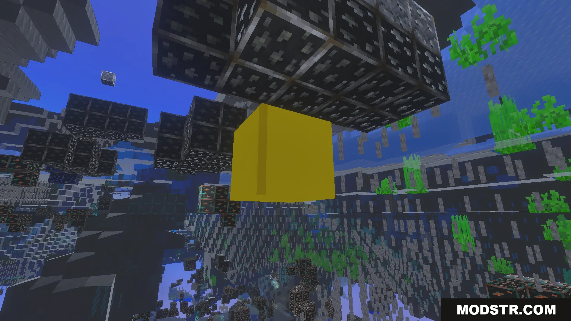 XRAY Night Vision Texture Pack Screenshot 9 XRAY Night Vision Texture Pack displays glowing ores and yellow gravel underwater