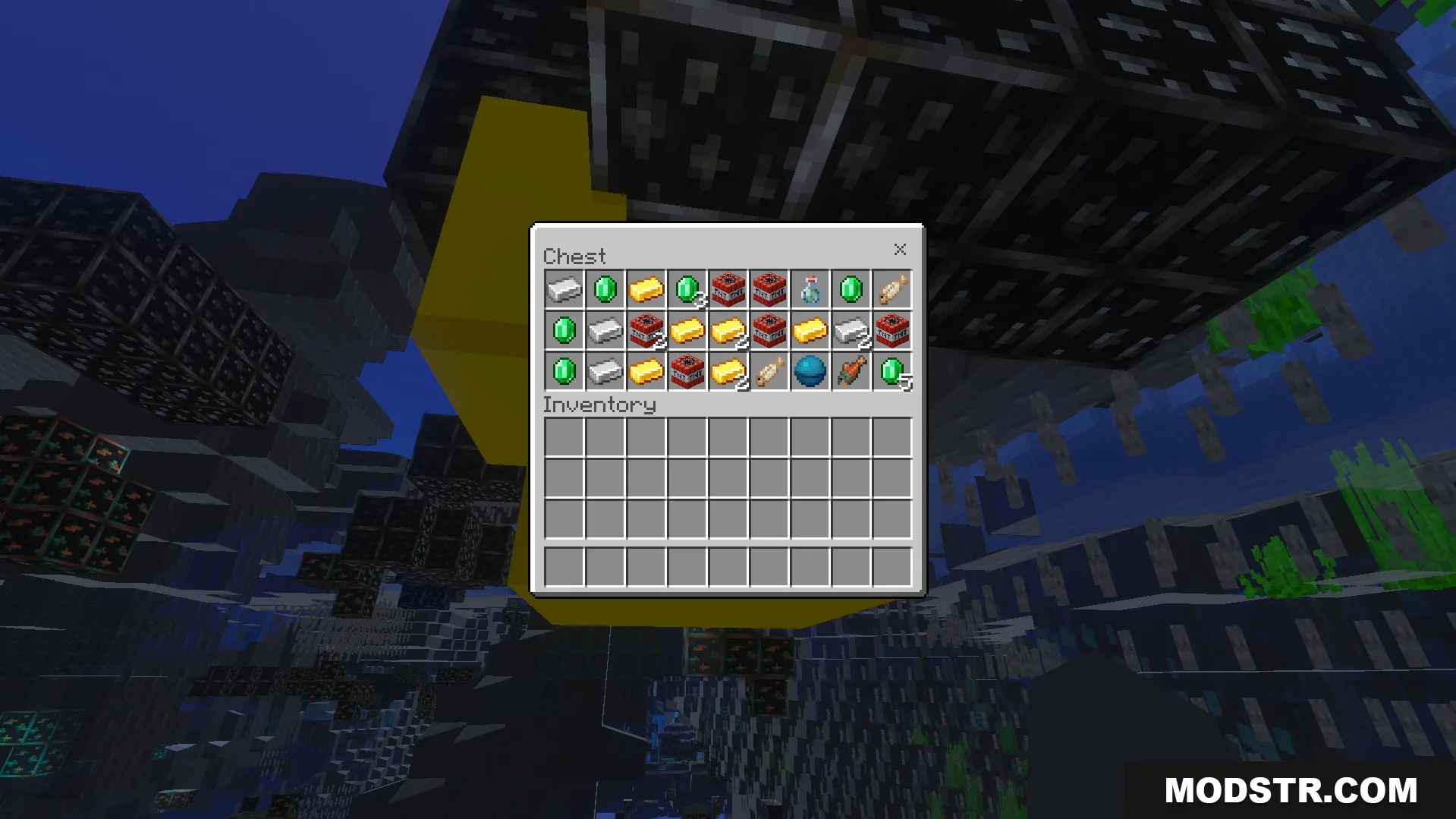XRAY Night Vision Texture Pack Screenshot 8 Open chest inventory displaying emeralds gold and TNT items with transparent blocks