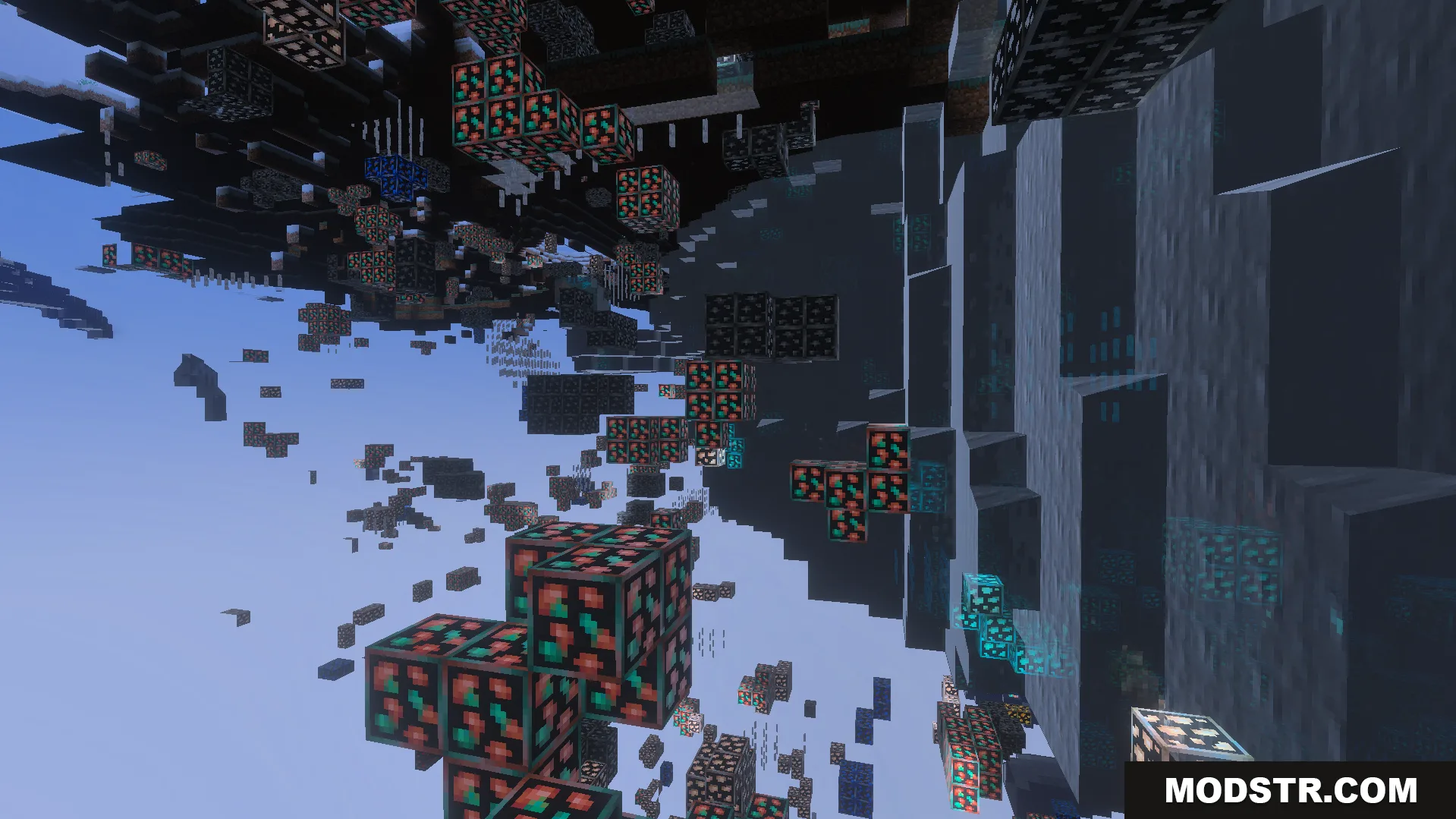 Brightly outlined ore blocks are visible through the ground in dark underground caves