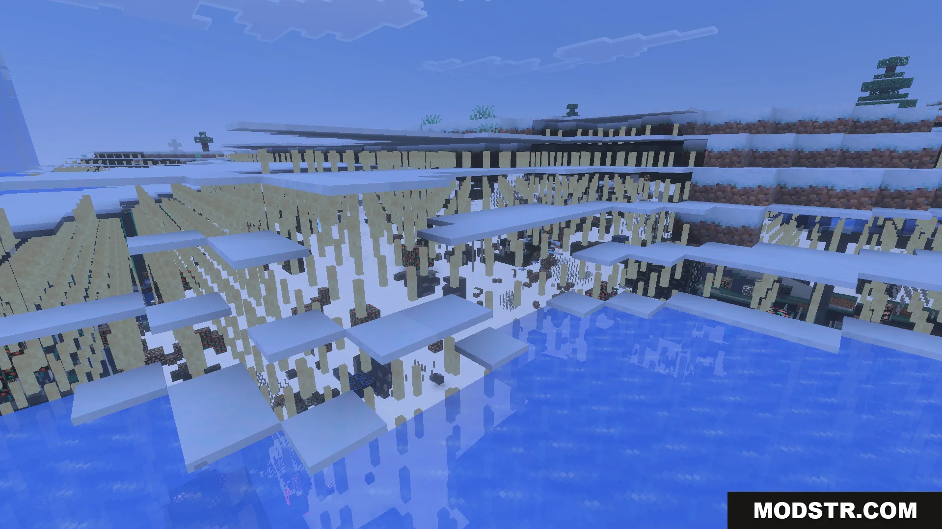 Transparent ground blocks reveal hidden ores and structures in a snowy landscape