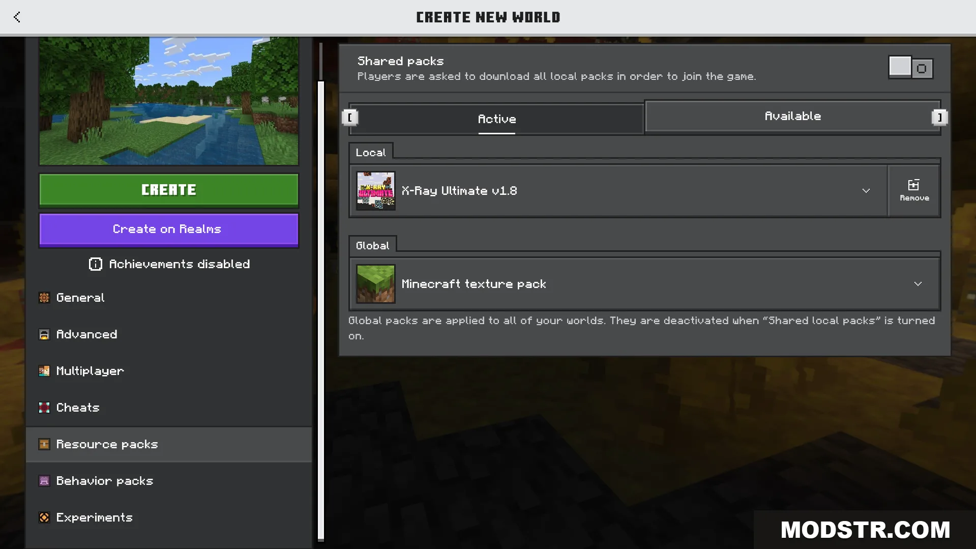 Resource pack settings menu with XRay Ultimate active for a new world