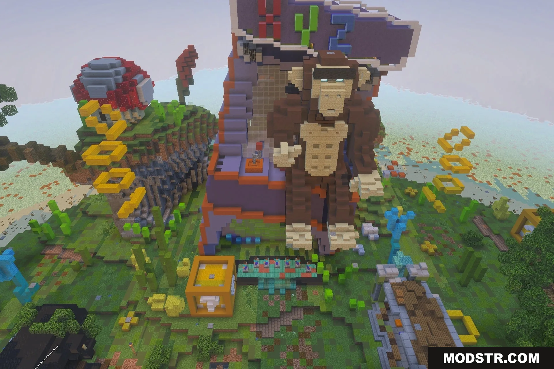 XYZ MINIGAMES Map Screenshot 1 Large Donkey Kong statue and mushroom house in a colorful Minecraft mini game
