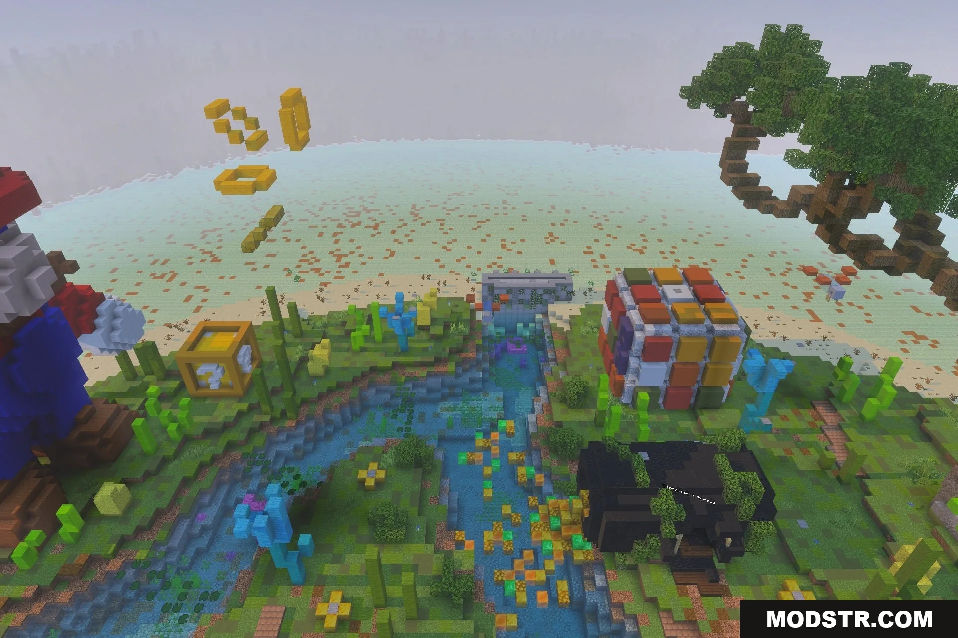 XYZ MINIGAMES Map Screenshot 2 Floating gold coins and a giant puzzle cube in a Minecraft mini game