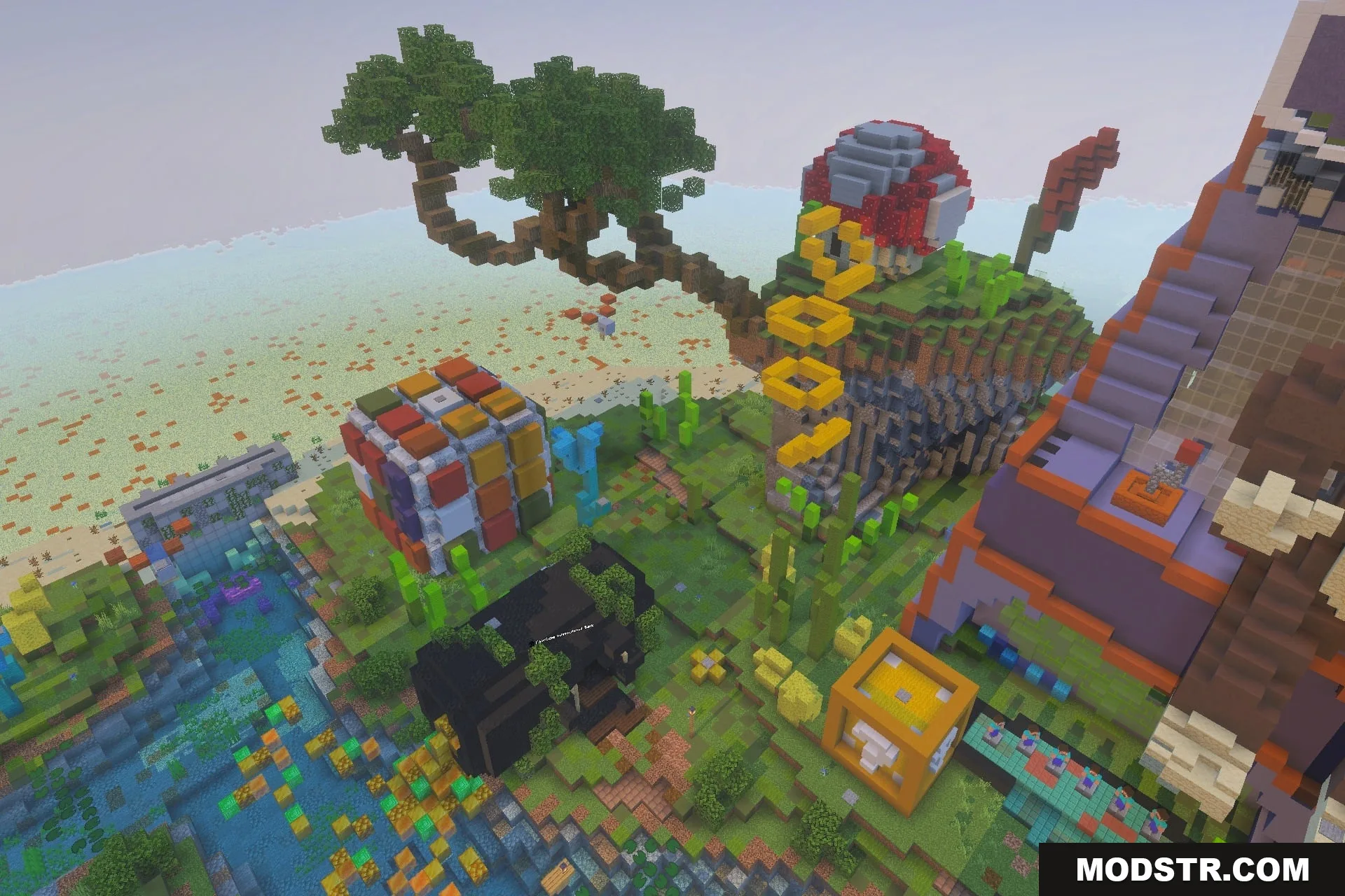 XYZ MINIGAMES Map Screenshot 3 Giant Rubik cube and a tree with floating gold rings in a park