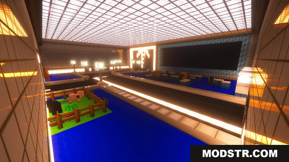 Large laboratory room built with custom glowing ceiling blocks and blue flooring