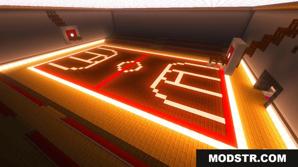 An indoor basketball court with a glowing red floor and wooden hoops