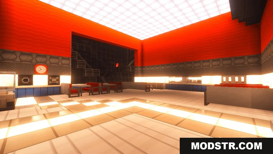 Modern break room interior using red wall blocks and science lab furniture