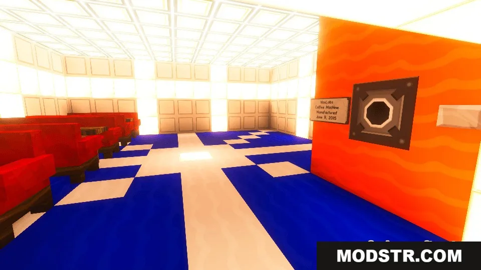 Modern break room with red booths and a wall mounted coffee machine