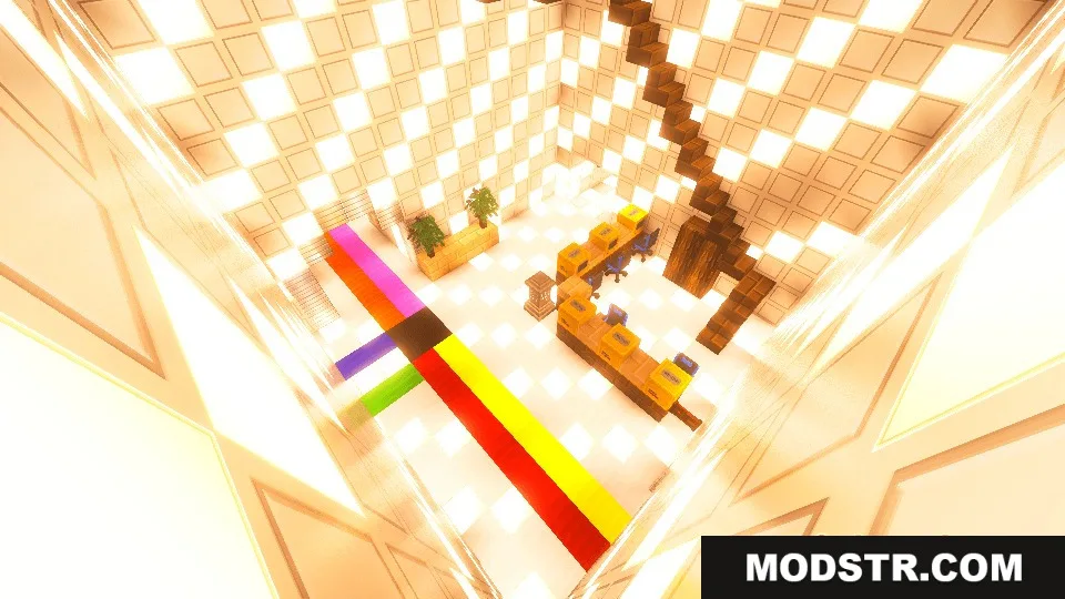 Laboratory interior featuring custom computer monitors and bright glowing wall blocks