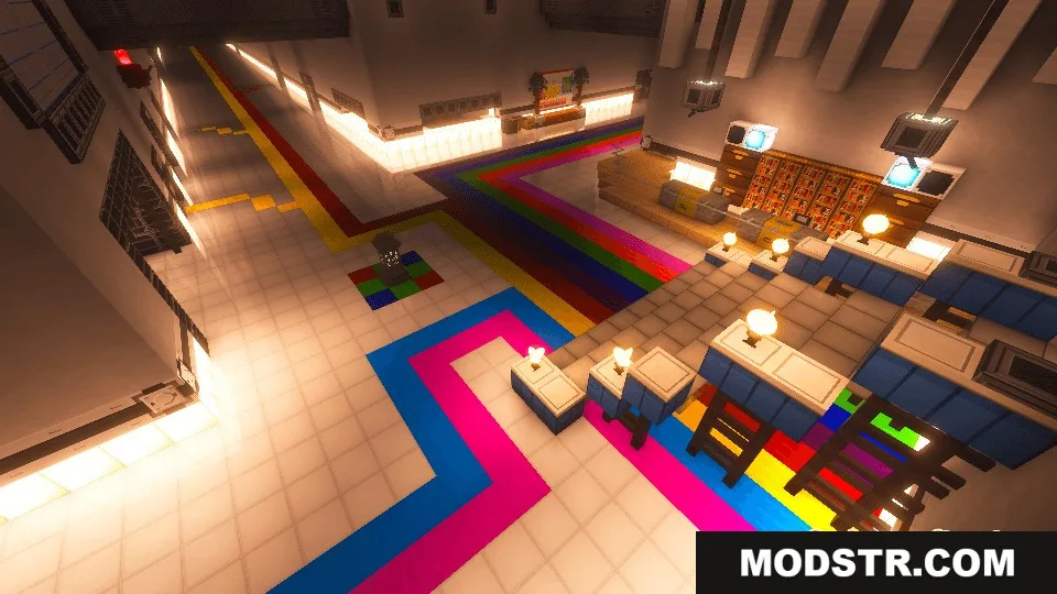 Yog Mod laboratory hallway decorated with colorful floor stripes and scientific equipment