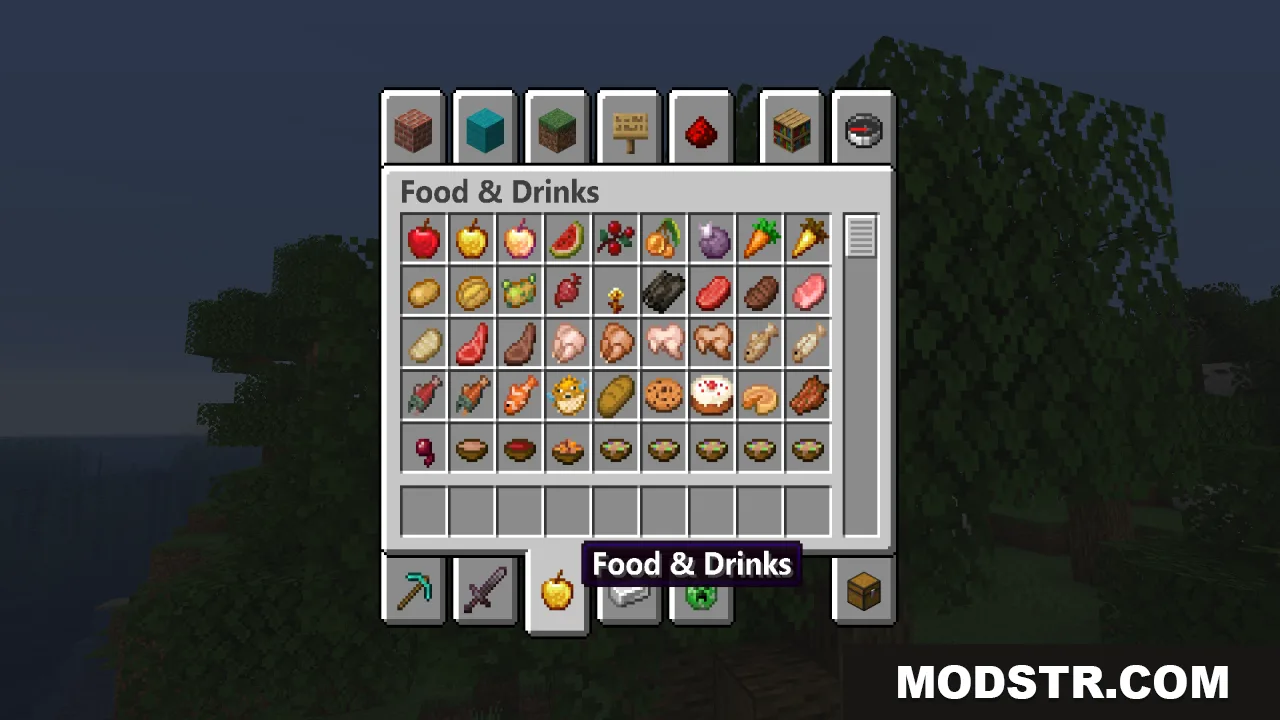 Minecraft creative inventory menu showing food and drinks with a clean font style
