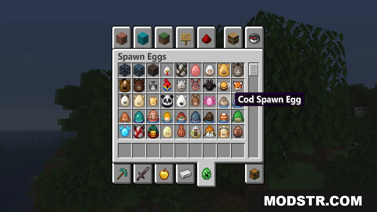 Creative mode inventory showing various mob spawn eggs and updated game text