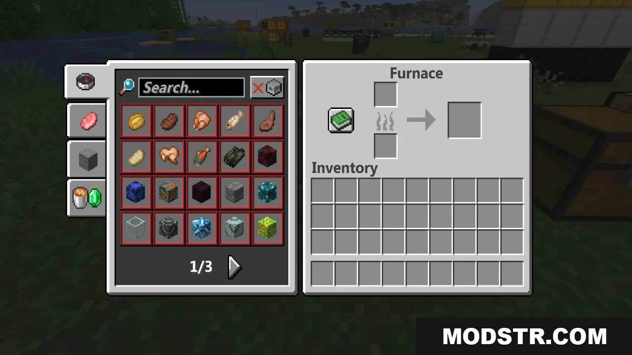 Furnace interface showing a recipe book with various food and block items