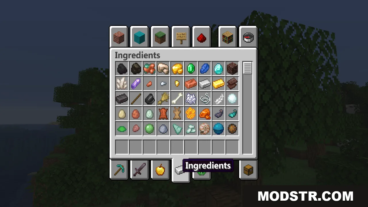 Minecraft creative inventory menu showing crafting ingredients with a neat font style