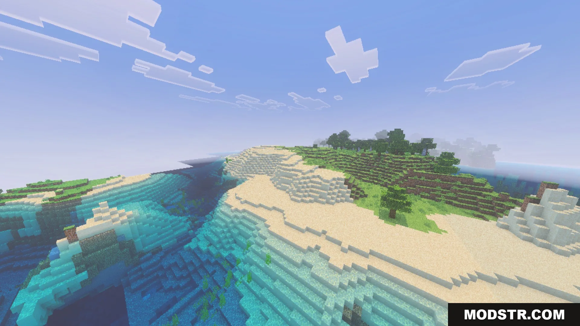 ZZZ VIBRANT VISUAL Shader Screenshot 2 Vibrant sandy beach with clear water and blocky clouds in the sky