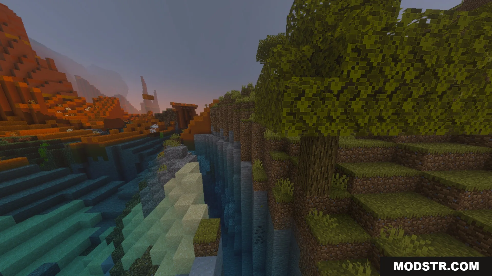 ZZZ VIBRANT VISUAL Shader Screenshot 4 A scenic Minecraft landscape with warm lighting and a river flowing through cliffs